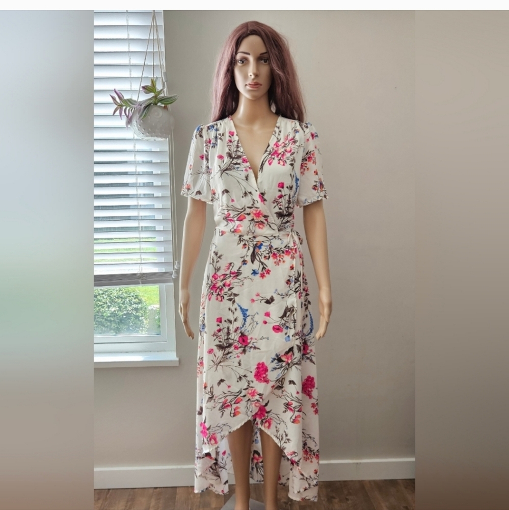 Saks Fifth Avenue maxi dress cream floral wrap high low